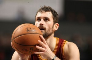Kevin Love shooting a free throw against Charlotte Hornets, January 2, 2015
