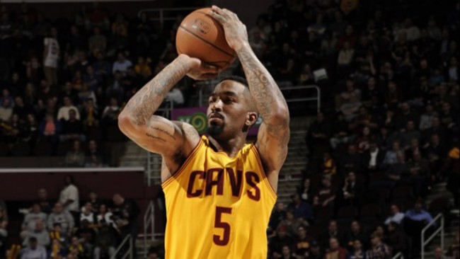 J.R. Smith shooting a three-pointer on the Cleveland Cavaliers