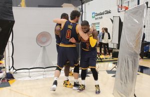 LeBron James, Kevin Love, and Kyrie Irving on media day