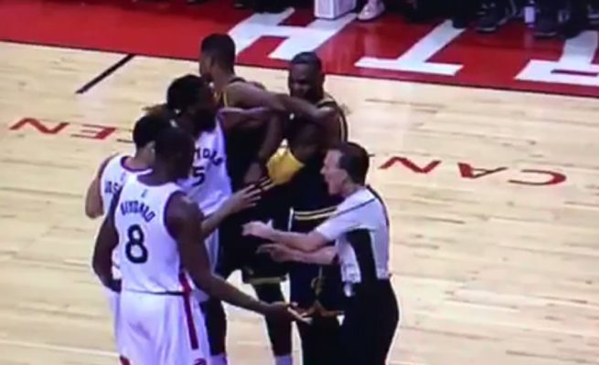 Video: Cavaliers and Raptors Get Into Scuffle, LeBron James Ends up on Ground